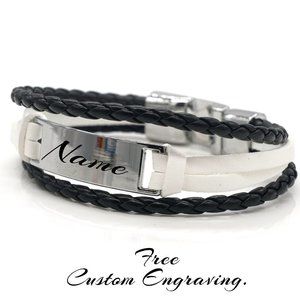 Mens leather bracelet with personalized name plate.